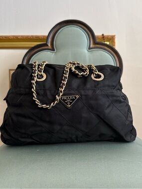 Prada Black Quilted Shoulder Bag with Gold Chain